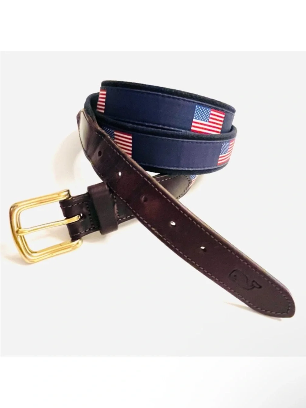 Vineyard Vines Men’s American Flag Canvas Solid Brass Buckle Club Leather Belt